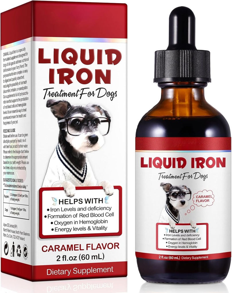 Liquid Iron Drops for Dogs, Liquid Iron Supplements for Dogs Supports Anemia, Promotes Blood Health, Improve Low Enery Levels and Lethargy - Pet Supplies Dog Vitamins - 60 ml/Caramel Flavor