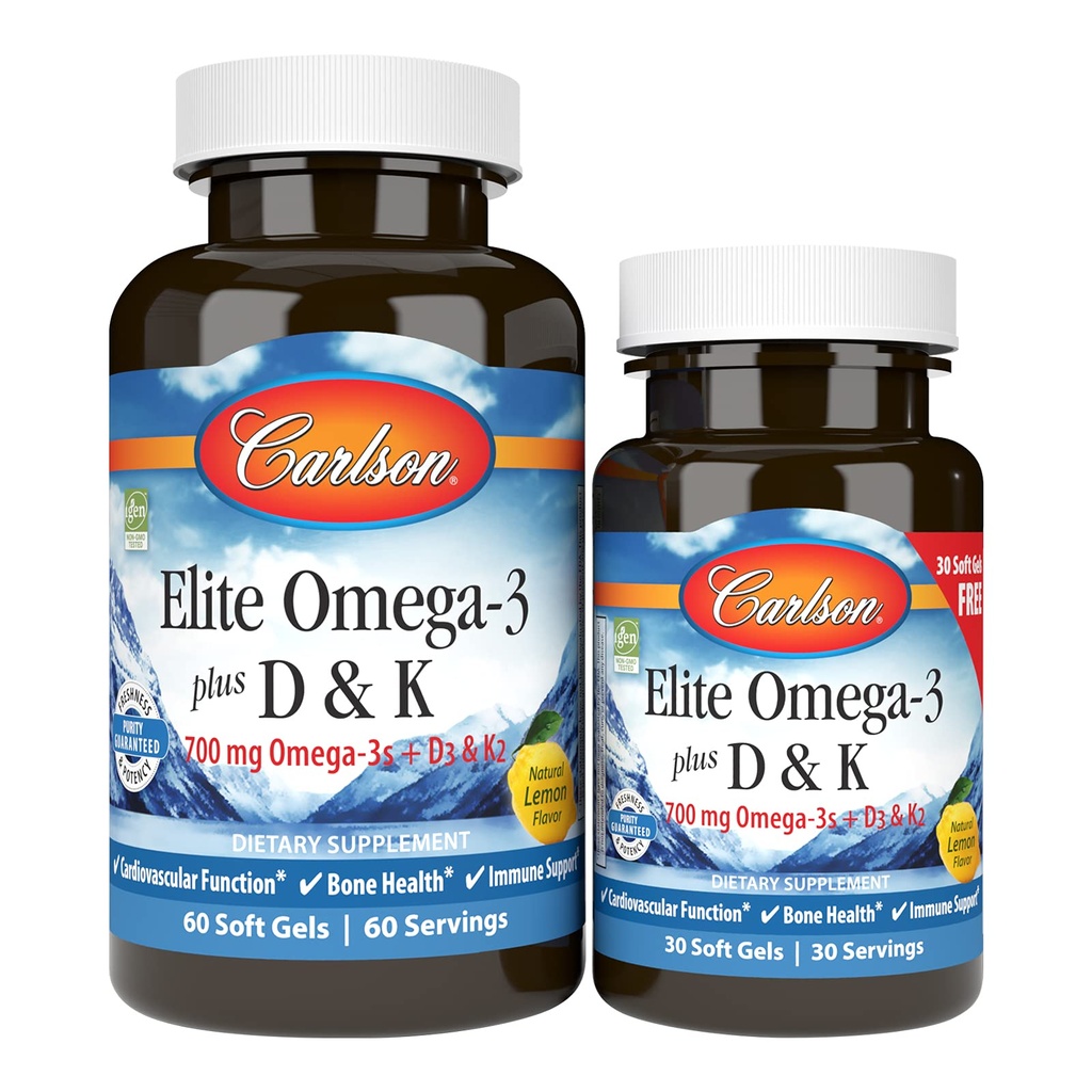 Carlson - Elite Omega-3 Plus D & K, 700 mg Omega-3s + D3 & K2, Fonction, Bone Health & Immune Support, Citron, 60+30 Softgel