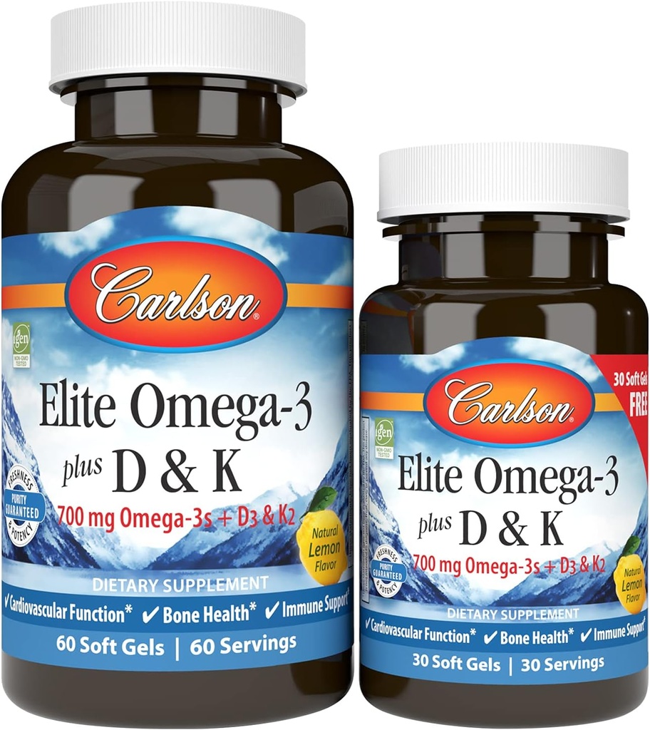 Carlson - Elite Omega-3 Plus D & K, 700 mg Omega-3s + D3 & K2, Funktion, Knochengesundheit und Immununterstützung, Lemon, 60+30 Softgel