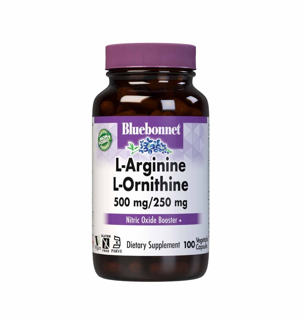 Bluebonnet Nutrition L-Arginine 500mg/L-Orinithine 250mg, Unterstützt Proteinmetabolismus*, Sojafrei, Glutenfrei, Non-GMO, Kosher Certified, Vegan, 100 Gemüsekapseln
