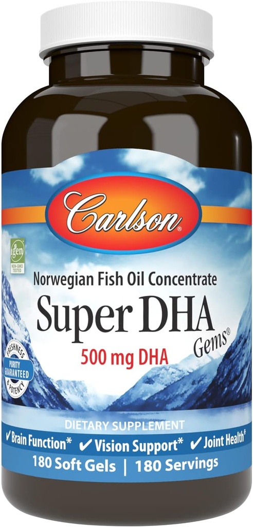 Carlson - Super DHA Gems, 500 mg DHA-Ergänzungen, 640 mg Fettsäuren, Wild-Caught Norwegian Arctic Omega 3 Fish Oil Supplement, Sustainable Sourced Fish Oil Capsules, 180 Softgels