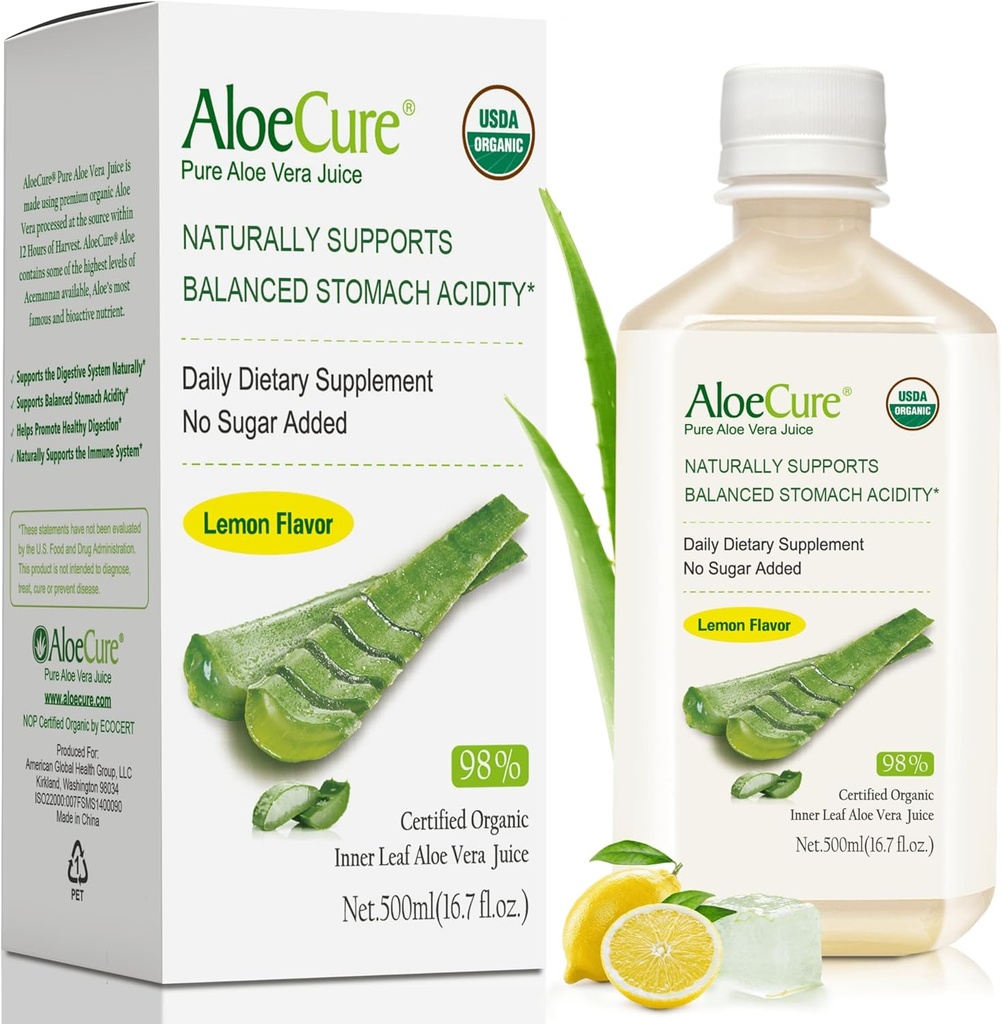 AloeCure USDA Organic Aloe Vera Juice Lemon Flavor - Hergestellt innerhalb von 12 Stunden Ernte - Natürliche Verdauungsergänzung für Balanced Stomach Acidity - Unterstützung Verdauungs- und Immungesundheit - 1 Btl x 16.7oz
