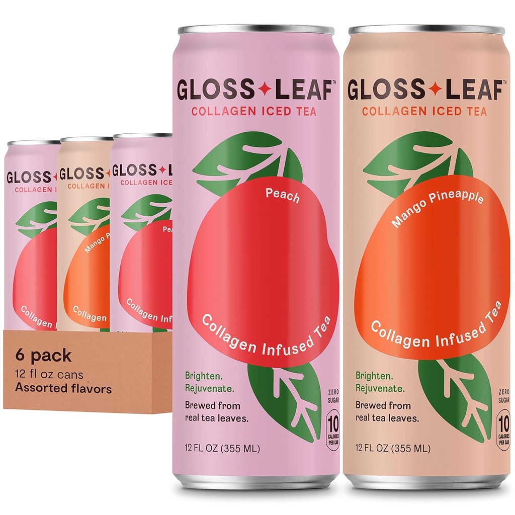 Gloss Blatt Collagen Iced Tea (Zero-Sugar, sortiert): Schwarzer Tee mit Collagen Peptides Protein & Vitamin C, Beauty & Anti-Aging, 12 Fl Oz, 6 Pack