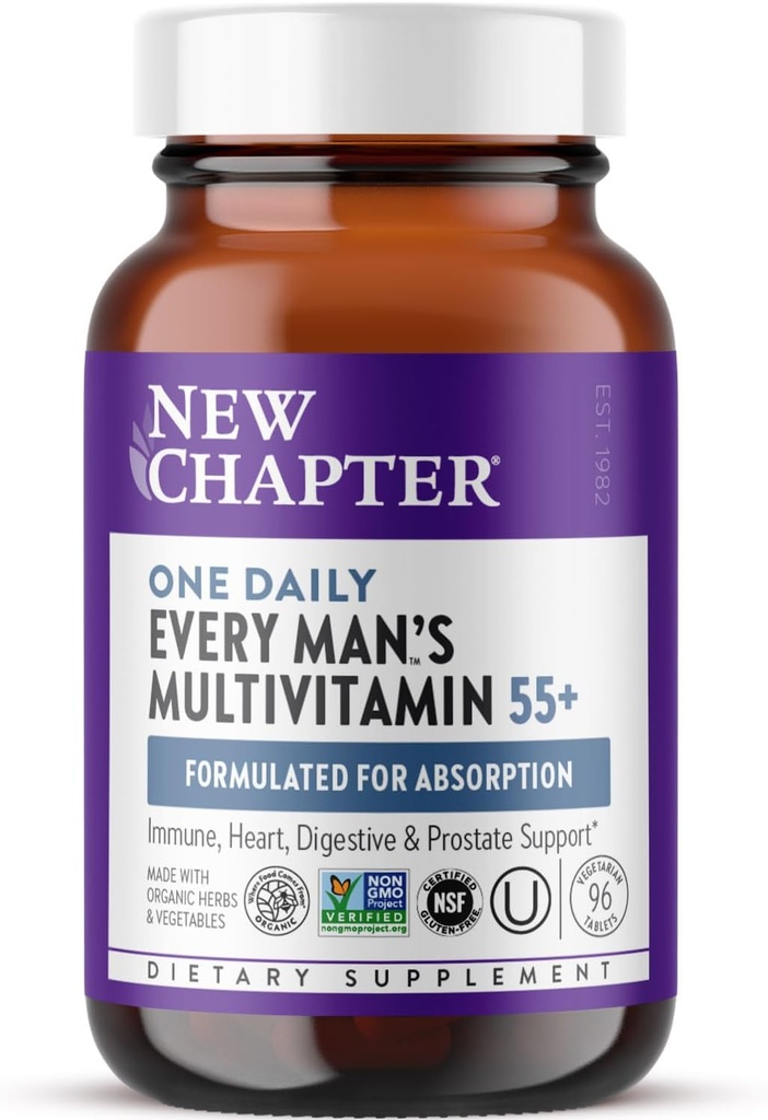 New Chapter Men's Multivitamin 50 Plus for Brain, Heart, Digestive, Prostate & Immune Support with 20+ Nutrients + Astaxanthin - Every Man's One Daily 55+, Gentle on The Stomach - 96 ct