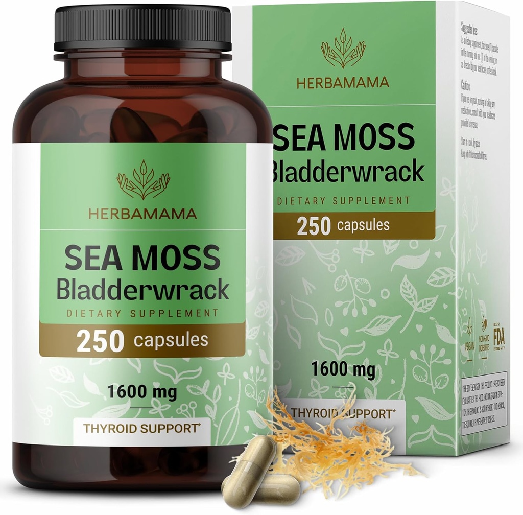 HERBAMAMA Irish Sea Moss Capsules - 1600mg Sea Moss and Bladderwrack for Immune Support - Vegan, Non-GMO Immunity Supplement for Overall Support