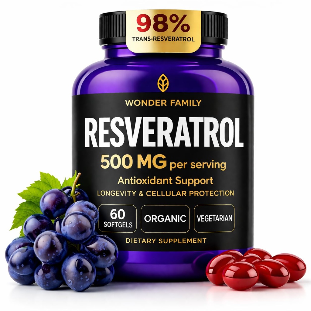 Supplément Resveratrol 500mg – 98% Trans Resveratrol 1000mg Complexe organique – NAD Résvératrol Antioxydants et supplément anti-vieillissement pour la santé cardiaque, lifting mémoire, formule de bien-être, soutien cellulaire sain