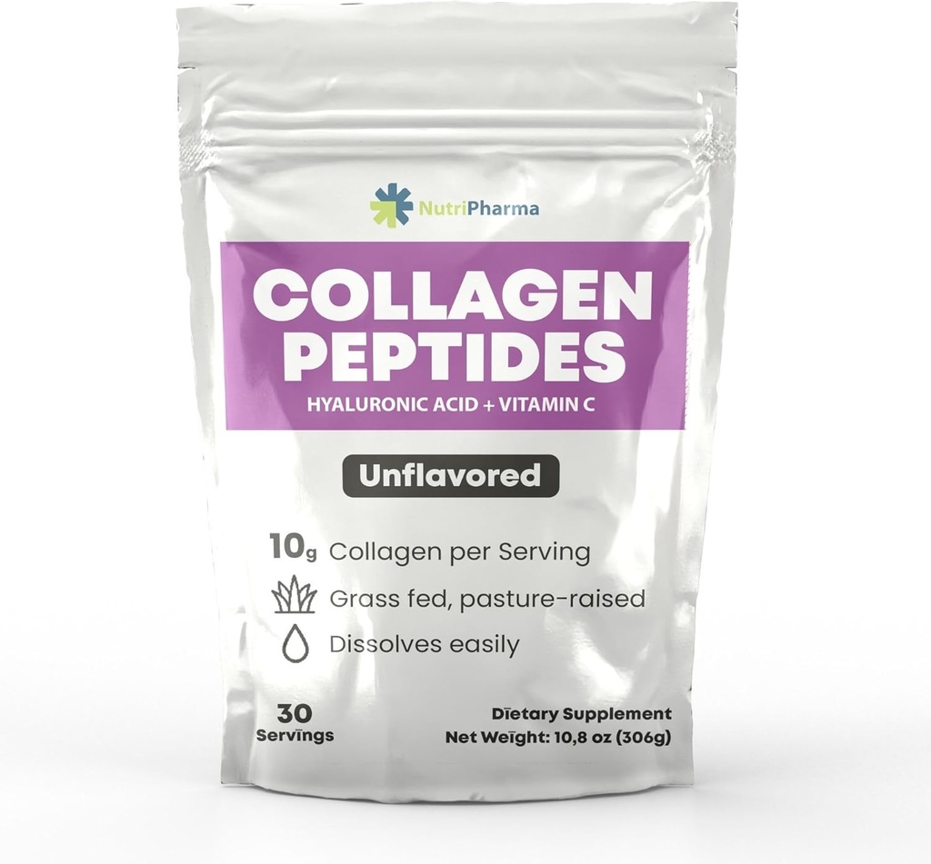 Collagen Peptide Pulver mit Hyaluronsäure und Vitamin C, fördert Haare, Nagel, Haut, Knochen und Gelenke Gesundheit, Unflavored Collagen Protein Powder, 30 Servierungen, 10,8 Unze
