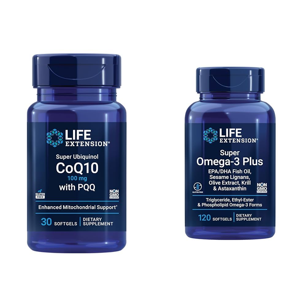Extension de vie Super Ubiquinol CoQ10 avec PQQ, CoQ10, PQQ et Super Omega-3 Plus EPA/DHA Huile de poisson, sésame Lignans