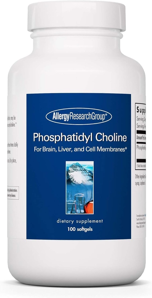 Allergy Research Group Phosphadityl Choline - Phosphaditylcholin Ergänzungen für Gehirn und Leber Gesundheit, Soy Lecithin Extract for Focus and Memory, 385mg Per Capsule - 100 Softgels