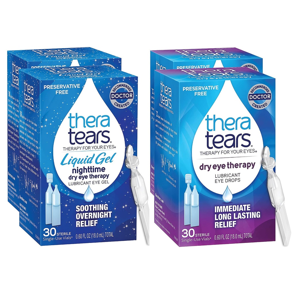 TheraTears Nachttherapie Lubricant Augentropfen für trockene Augen, Konservierungsfrei, Single-Use Vials, Klar, 60 Zähler, 0.6 Fl Oz mit TheraTears Augentropfen für trockene Augen, 60 Count Single-Use Vials