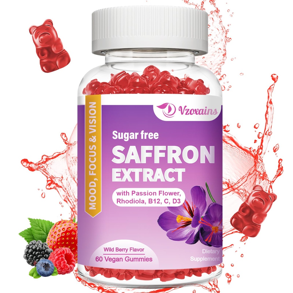 Saffron Gummies, 10 in 1 Saffron ergänzt Gummi mit Magnesium, Ashwagandha & Rhodiola Rosea, Sugar Free Vegan Mixed Berry Flavor - 60Cts