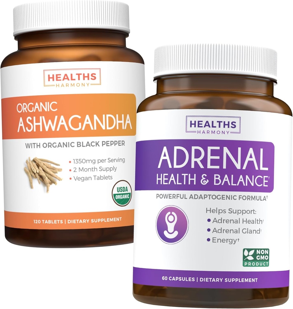 Bundle Adrenal Support & Organic Ashwagandha - Ashwa-Adrenal Harmony - Adrenal Support & Cortisol Manager (Non-GMO) & Organic Ashwagandha Root Powder 1350mg Serve (120 Tabletten)