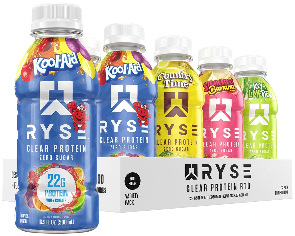 RYSE Clear Protein Drink - Variety Pack - 100 Kalorien, 22g Whey Isolate Protein Shake, Sugar-Free, 0g Fat & Lactose-Free - Refreshing Ready-to-Drink Beverage - 16,9 fl oz Flaschen (12-Pack)