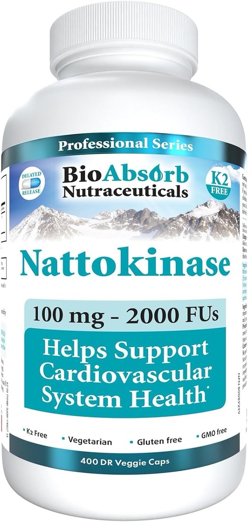 Bio Absorb Nattokinase Supplement. 100 mg, 2000 FUs 400-Day Supply. Non-GMO Natto Extract Enzyme (400 Veggie Caps)