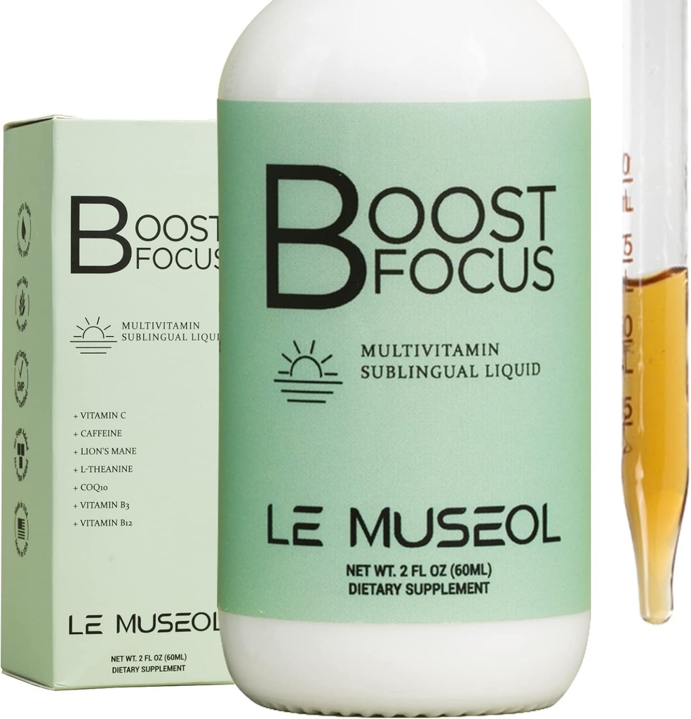 USA-Made Lions Mane Boost Focus Multivitamin Sublingual Liquid: Essential Energy Supplement with Vitamin B3, B12, CoQ10, L Theanine and Caffeine for Maximum Focus
