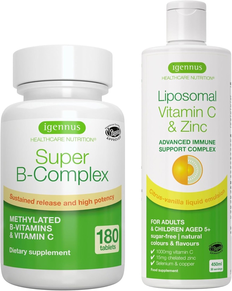 Super B-Complex + Liposomique Vitamine C 1000mg & Zinc Bundle végétalien, Méthylé Libération prolongée complexe B et complexe de soutien immunitaire liquide haute absorption, par Igennus