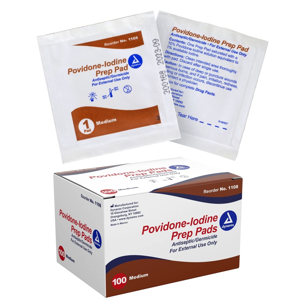Dynarex Povidone-Iodine Prep Pads, saturé avec Povidone Iodine 10%, Wipes antiseptiques de grade médical utilisé pour la préparation des procédures mineures antérieures, moyenne, 1 cas de 100 Prep Pads