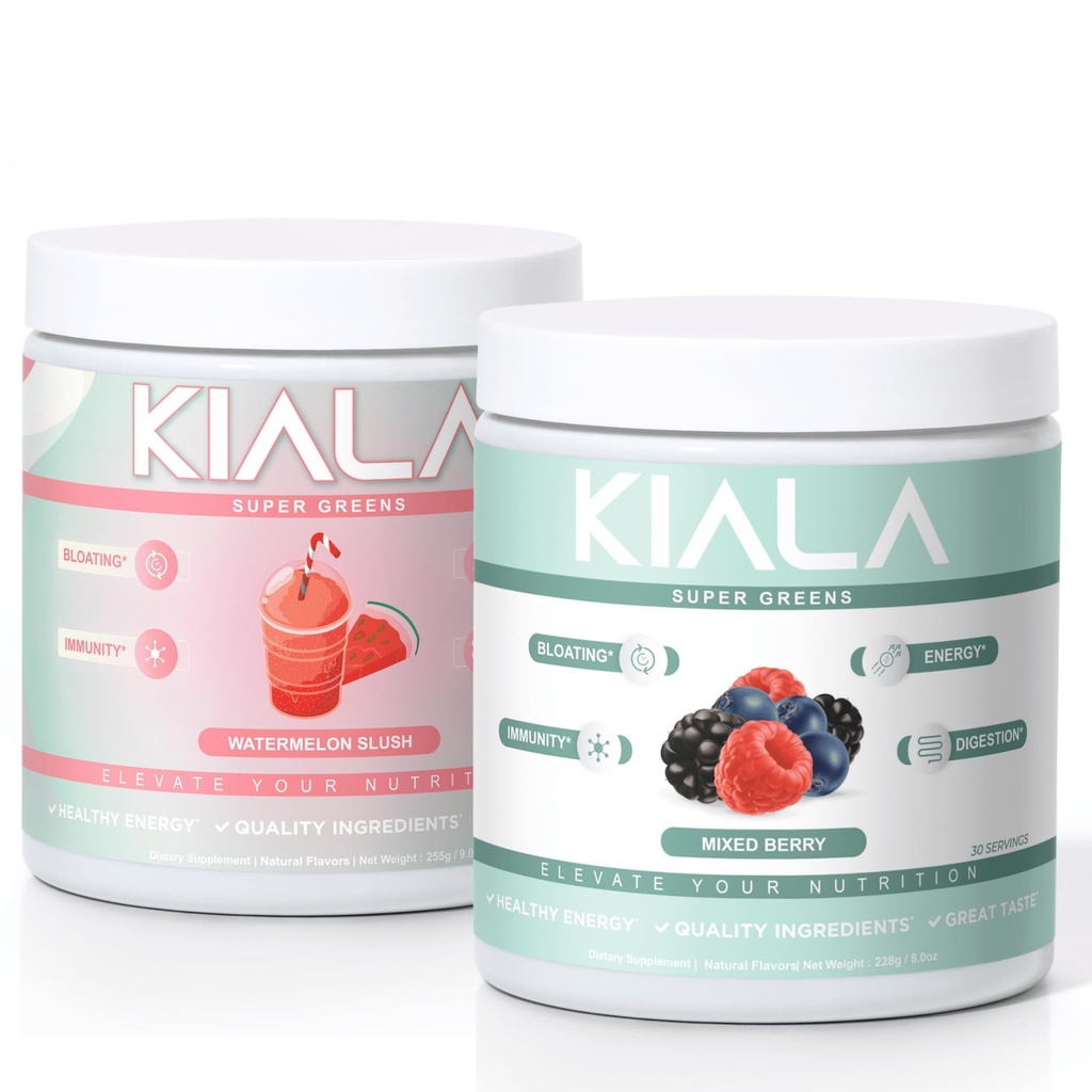 Kiala Nutrition Super Verts, Verts organiques Poudre, Spiruline et Chlorella Superfood Poudre, Sucre et Sans gluten Vegan, Spectra Blend, Pastèque et Berry Mixte 2 Pack