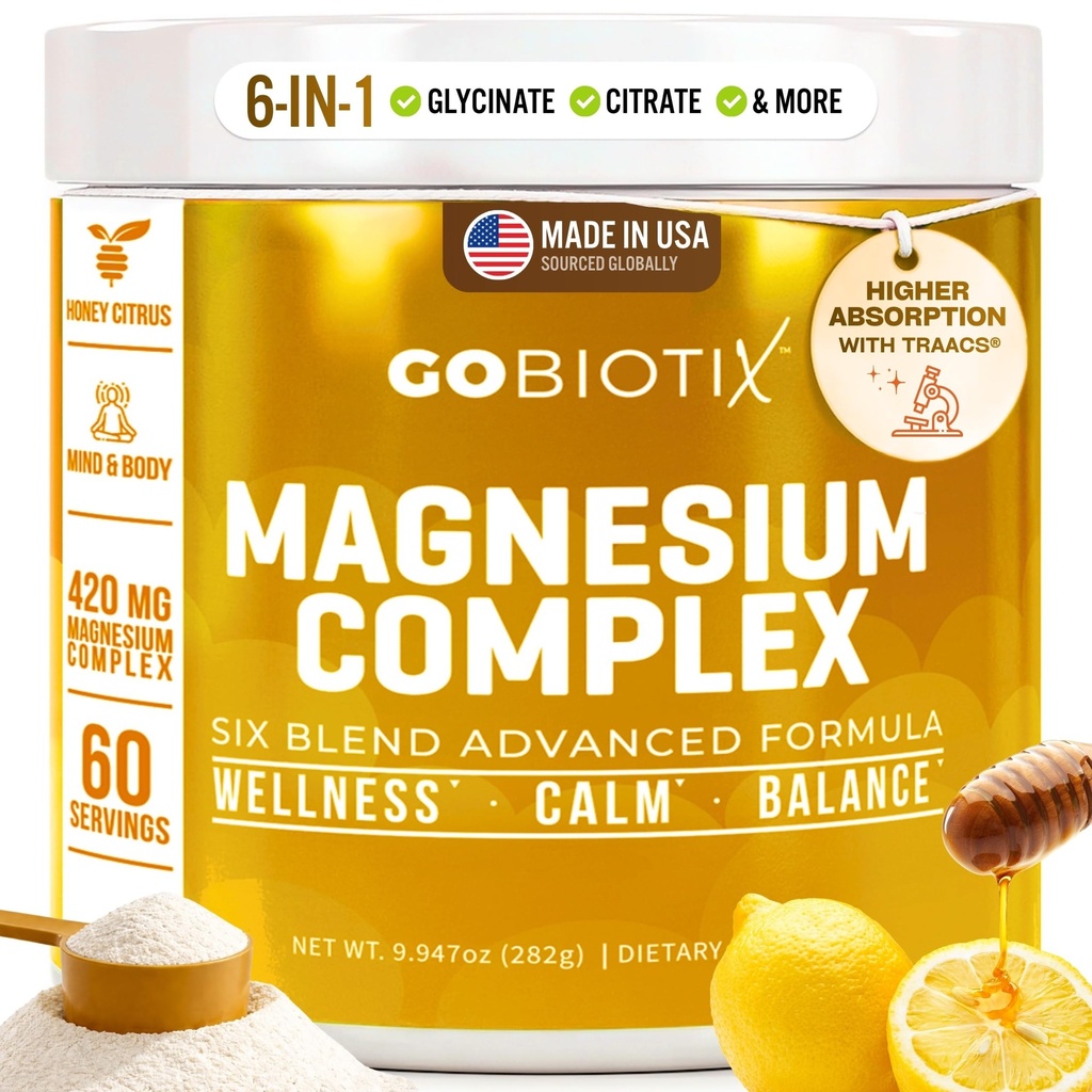 GoBiotix Magnesium Glycinate Powder – Cortisol Ergänzungen für Frauen und Männer – Hohe Absorption Magnesium Complex Calm Supplement mit Citrat, Malat – Zuckerfrei – 420 mg, 60 Portionen - Honig Citrus