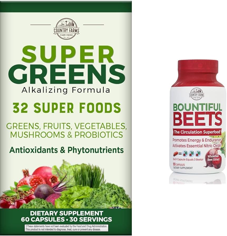 COUNTRY FARMS Super Greens Fruit Vegetable Probiotics Antioxidantien Phytonutrients Beet Root Nitric Oxide Zirkulation Immununterstützung Kapseln