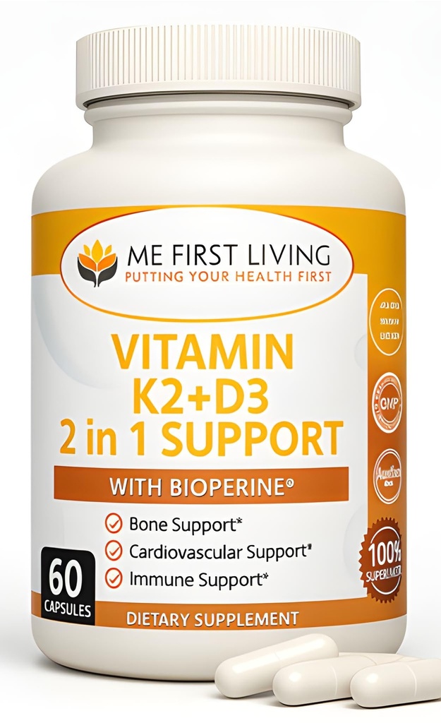 Me First Living Vitamin D3 K2 Supplement Knochen und Herz Gesundheit Non-GMO-Formel 125 MCG Vitamin D3 & 100 MCG Vitamin K2 MK-7 einfach zu schlucken Vitamin D & K Komplex mit Calcium
