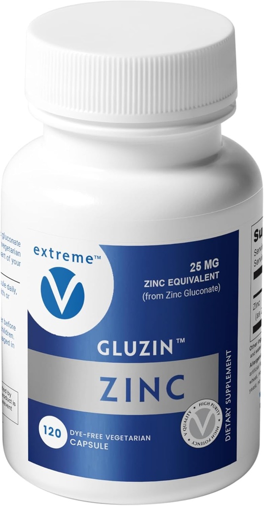 GluzinTM Zink Ergänzung 25 mg | Zink Gluconate | Clean-Label, 120 kleine vegetarische Kapseln | Gentle, Low-Dose Option für täglichen Support