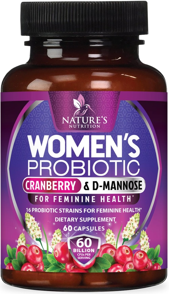 Probiotiques pour les femmes 60 milliards CFU - 16 souches, prébiotiques et canneberges, PH Balance, santé digestive, soutien vaginal et immunitaire, probiotiques pour la santé des femmes, stable - 60 capsules