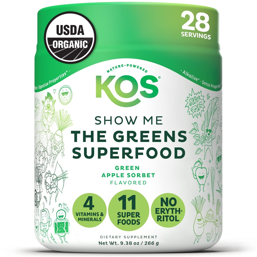 KOS Organic Super Greens Powder Erythritol Free - Pflanzenbasierte Superfood-Mischung mit Spirulina, Chlorella & Wheatgrass - USDA Certified Organic, Green Juice Smoothie - Apple Flavor - 28 Servierungen