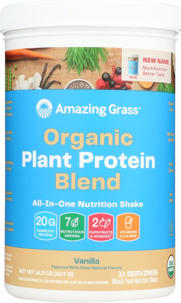 Amazing Grass mélange de protéines végétales biologiques: Poudre de protéines végétales, Nouvelle formule de superaliments protéiques, All-In-One Nutrition Shake avec racine de betterave, Vanille pure, 11 portions