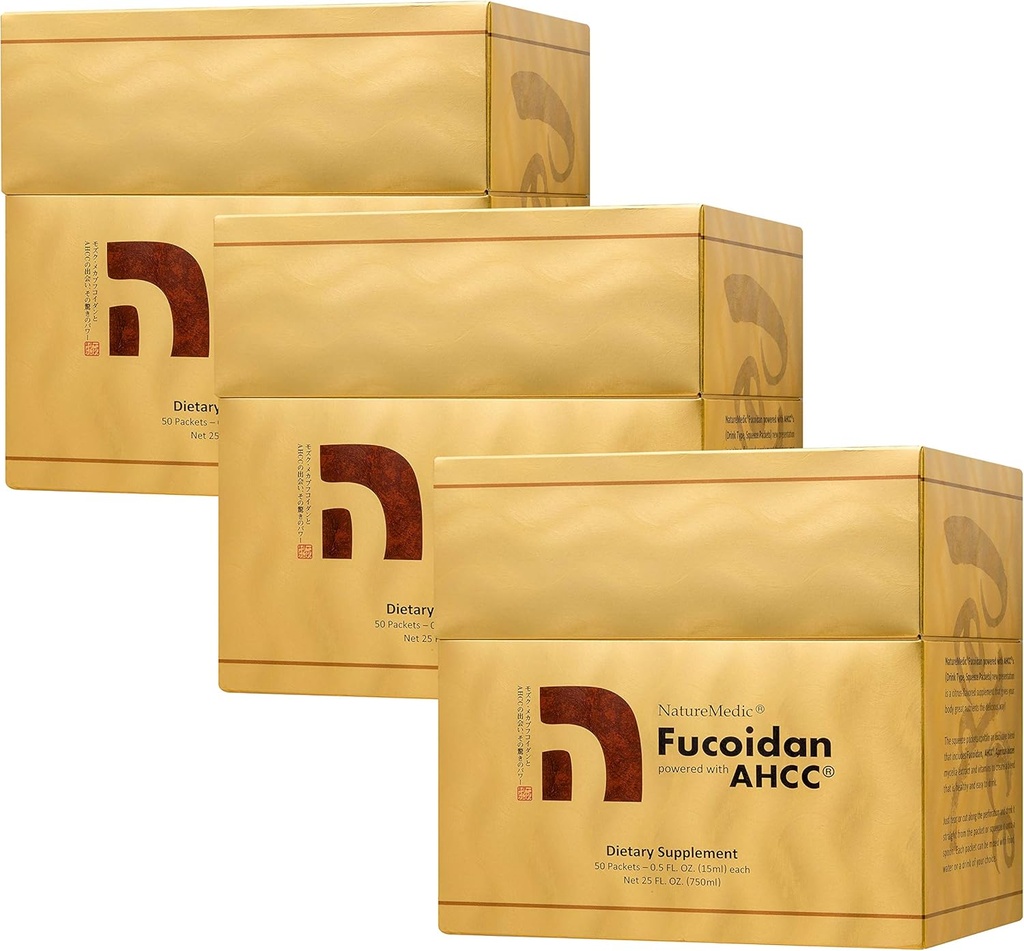 Fucoidan powered with AHCC® Brown Seaweed Immunitätsergänzung mit hoher Reinheit Organic Mekabu Mozuku Agaricus 50 Konzentrierte Flüssigextrakt-Packets/Box Made in Japan (3 Boxen)
