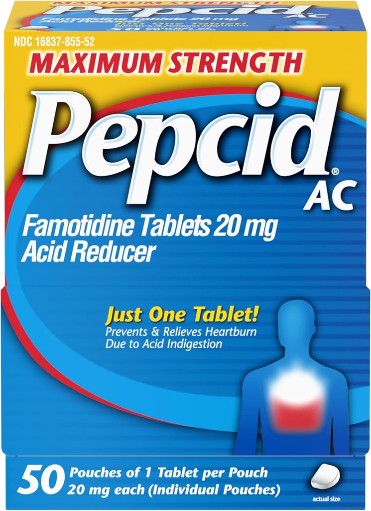 Pepcid AC maximale Stärke Sodbrennen Relief Tabletten, OTC Medizin verhindert und entlastet Sodbrennen & Säure Reflux Durch Säure Verdauung, 20mg Famotidin Säure Reducer, Fast-Acting, 1 x 50 ct