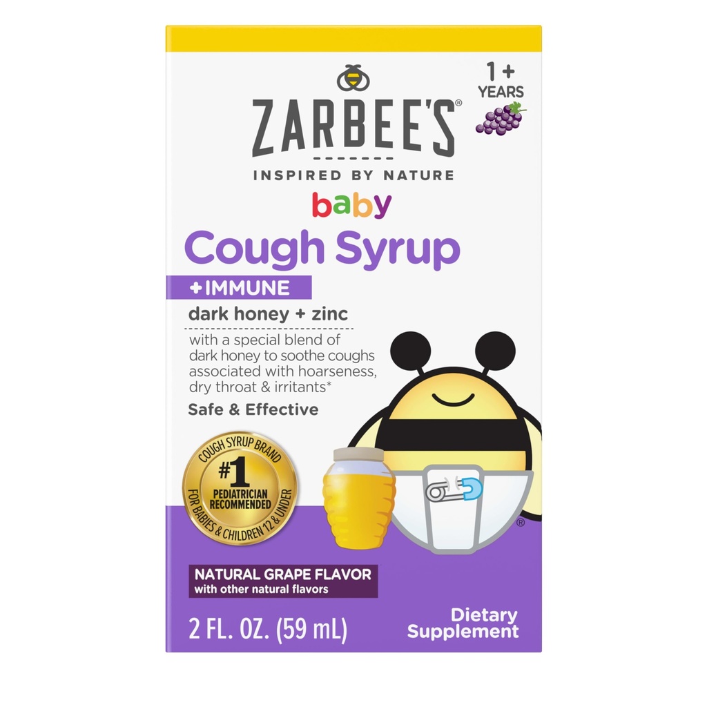 Zarbees Baby Honig Hustensirup + Immun für Babys 12-24 Monate, Safe & Effektive Hustensirup mit wohltuenden dunklen Honig & Zink für Immununterstützung*, Drug & Alcohol-Free, Trauben, 2 fl. Oz