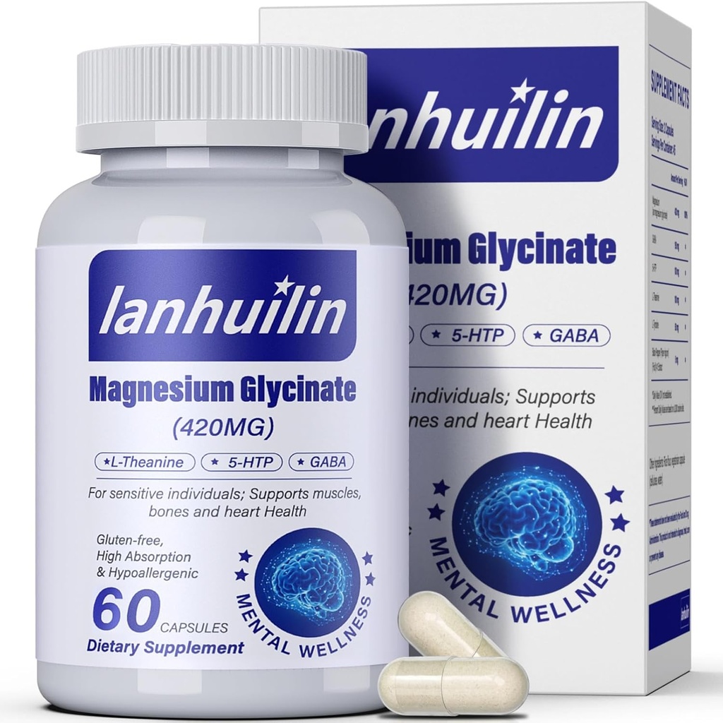 Complexe 6-en-1 de magnésium, 420mg Glycinat de magnésium pur, supplément de magnésium avec GABA, 5-HTP, L-Theanine, L-Tyrosine, Végétarien et Haute Absorption, 60 Capsules