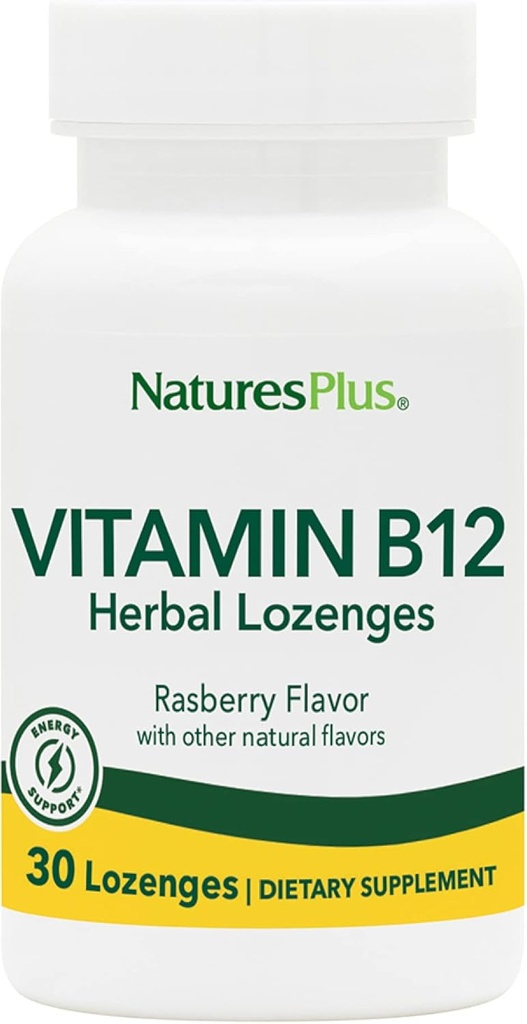 Natures Plus B12 Herbal Lozenges (méthylcobalamine) - 1000 mcg, 30 Lozenges sublinguals - Framboise - Absorption maximale Soutien des cellules du sang rouge - Booster d'énergie - Végétarien, Sans gluten - 30 portions