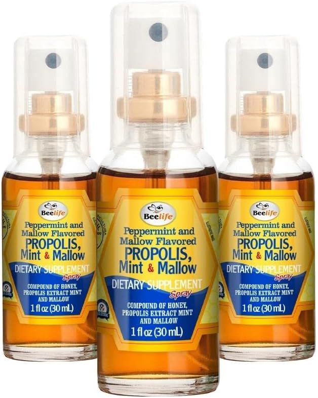 Beelife Propolis Throat Spray – beruhigende Honig, Minze & Malva Propolis Spray - Natürliche Immununterstützung & Sore Throat Relief - Bienen Propolis – Antioxidantien, Flavonoide & Artepillin C, Gluten-Free - 3-Pack