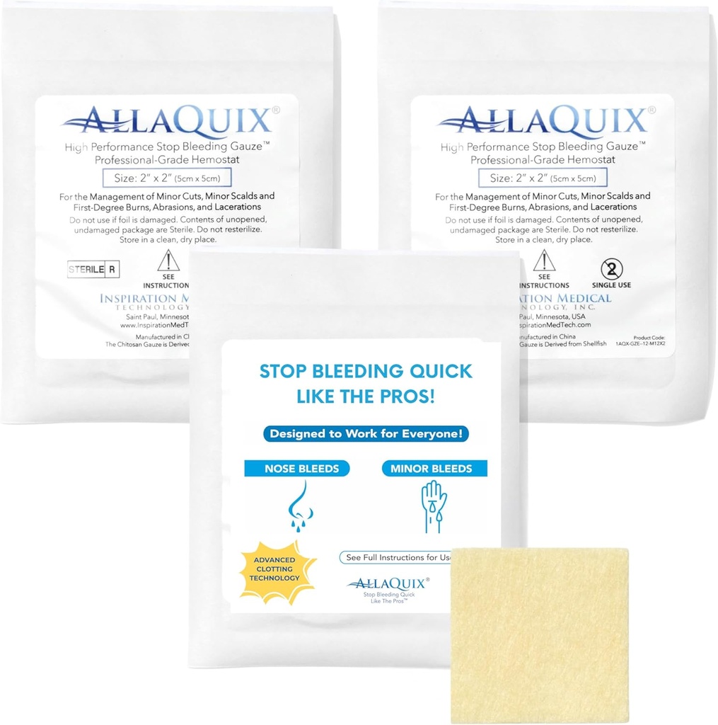High Performance Stop Bleeding Gauze Pads – 3-Pack (2"x2") | Hemostatic Wound Dressing for Cuts & First Aid Kits | Sterile, Drug-Free, Fast Clotting Pads