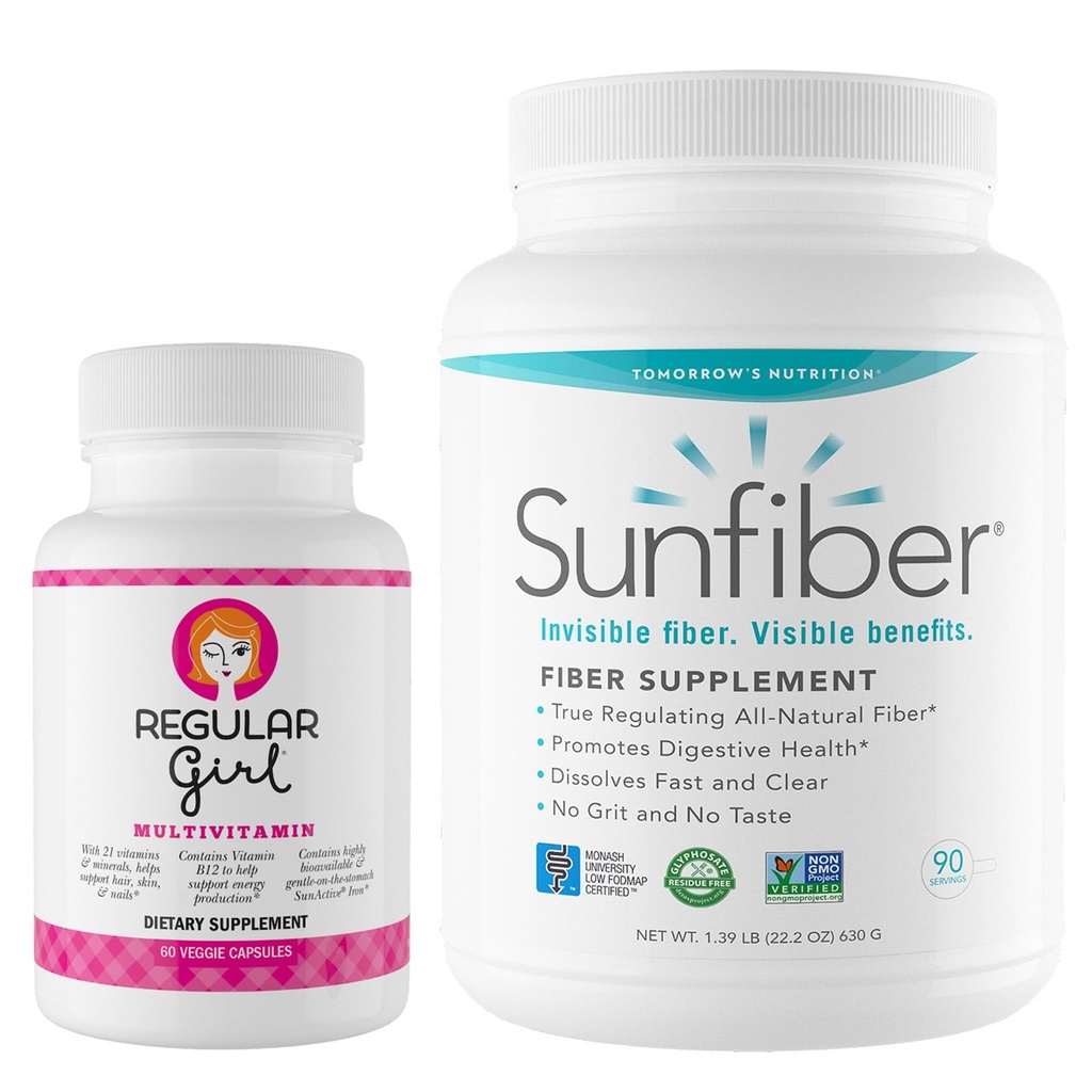 Regular Girl Tomorrow's Nutrition, Women’s Multivitamin (30 Servierungen) und Sunfiber 90-Day Powder (90 Servierungen) Bundle, Energy und Low FODMAP Verdauungsunterstützung