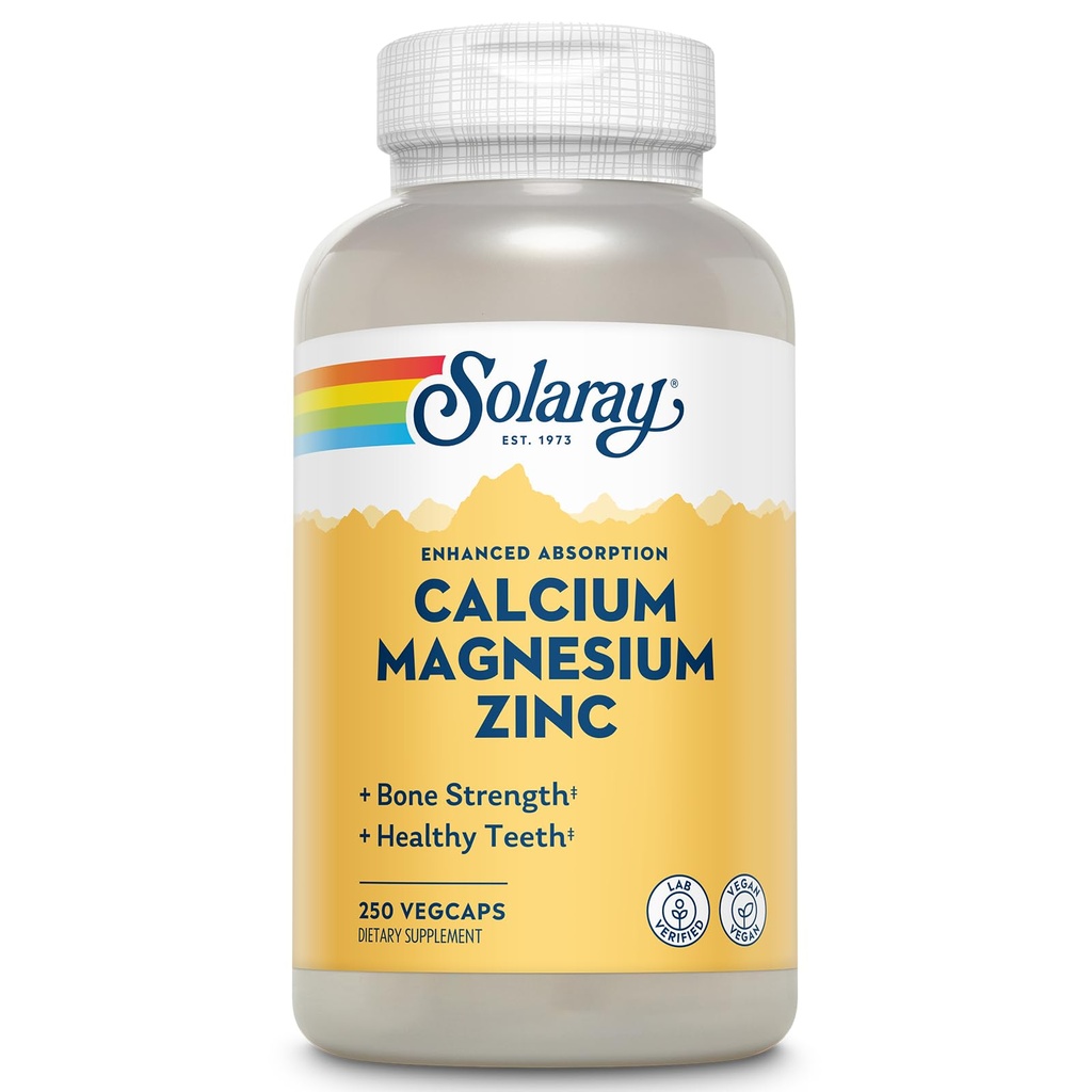 SOLARAY Calcium Magnesium Zink-Ergänzung - mit Calcium 1000mg, Magnesium 500mg - Knochengesundheit, Muskelfunktion, Herzgesundheit und Immununterstützung - Vegan, 60 Tage Garantie, 62 Servietten, 250 VegCaps
