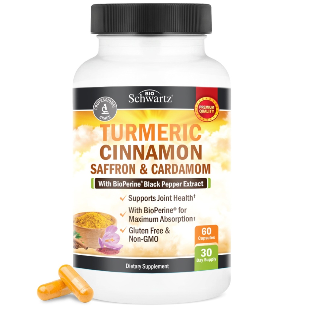 Kurkuma-Ergänzung mit Safran, Zimt und Kardamom Plus BioPerine Schwarz Pfeffer Extrakt für optimale Absorption, Natürliche Tumeric Curcumin Joint Support Supplement für Frauen und Männer, 60 Kapseln