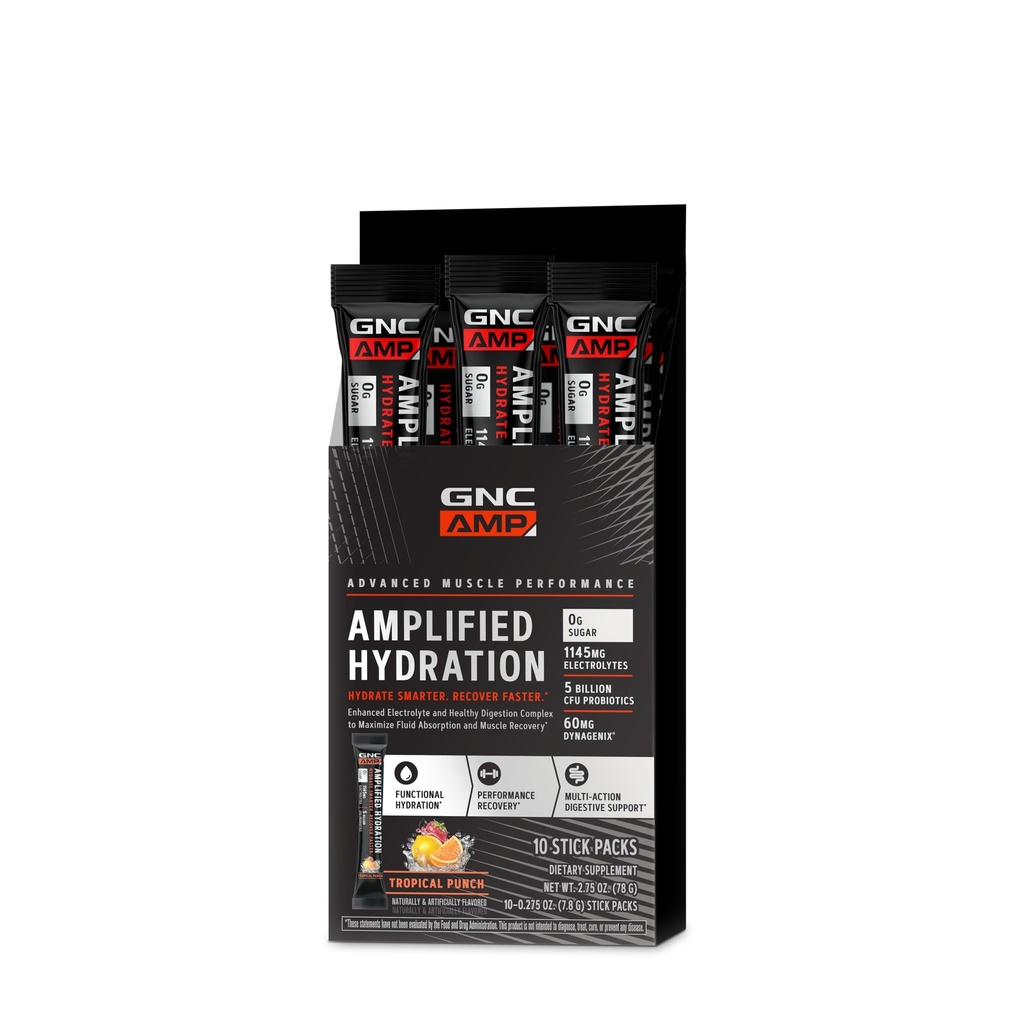 GNC AMP verstärkte Hydration Elektrolyt-Pulver-Getränk-Mischung | Enhanced Electrolyte & Healthy Digestion Complex | Tropical Punch | 10 Count