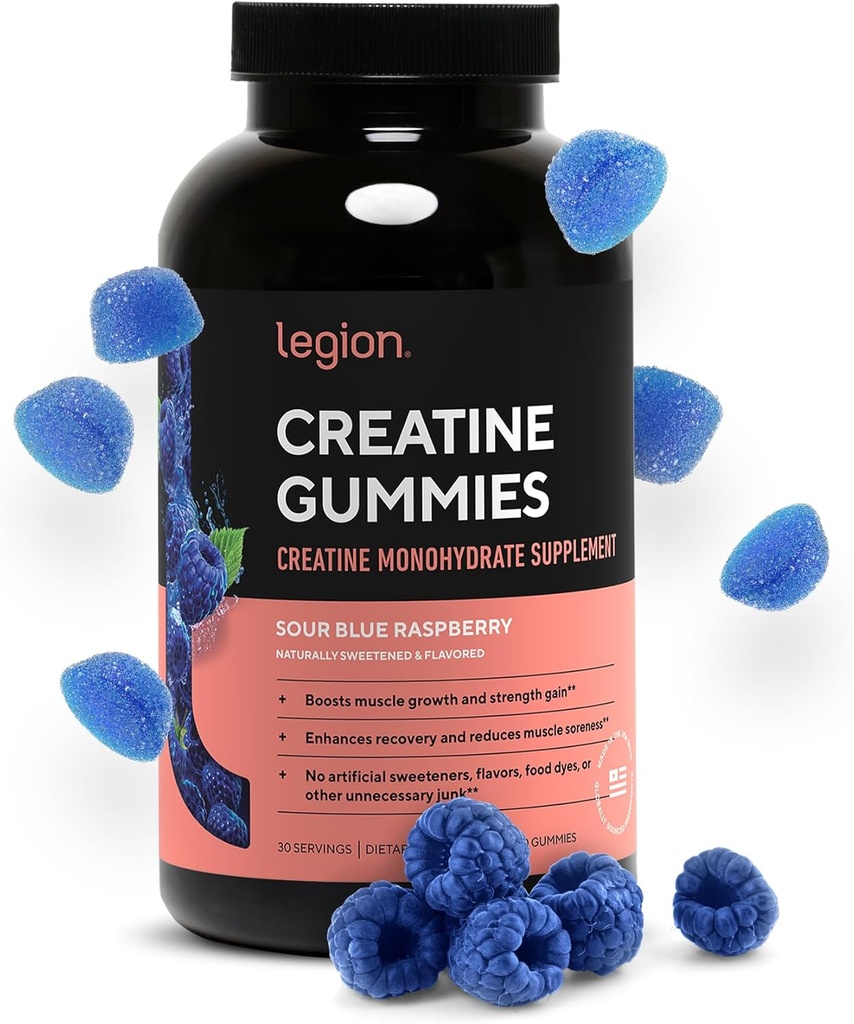 LÉGION Gommies monohydratées de la créatine – Supplément propre à la créatine à croquer pour la force, l'endurance et la récupération musculaire – 30 portions d'arômes de framboise bleue aigre – Pas d'arômes artificiels ou d'édulcorants