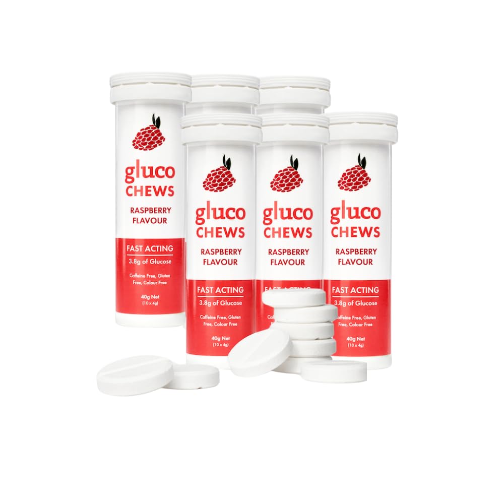 Glucochews Raspberry Glucose Tablets – 60 Tabletten (10 pro Tube, 6 Pocket-Sized Tubes) – 3.8g Fast-Acting Glucose Jeder – steigert Energie – Glutenfrei, fettfrei, Koffeinfrei