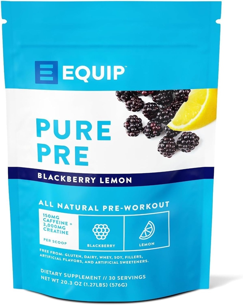 Equip Foods Pure Pre All Natural Pre-Workout Poudre de caféine de thé vert, sel de mer, EAA, vitamine C, B6, B12, L-carnitine, Agnine.