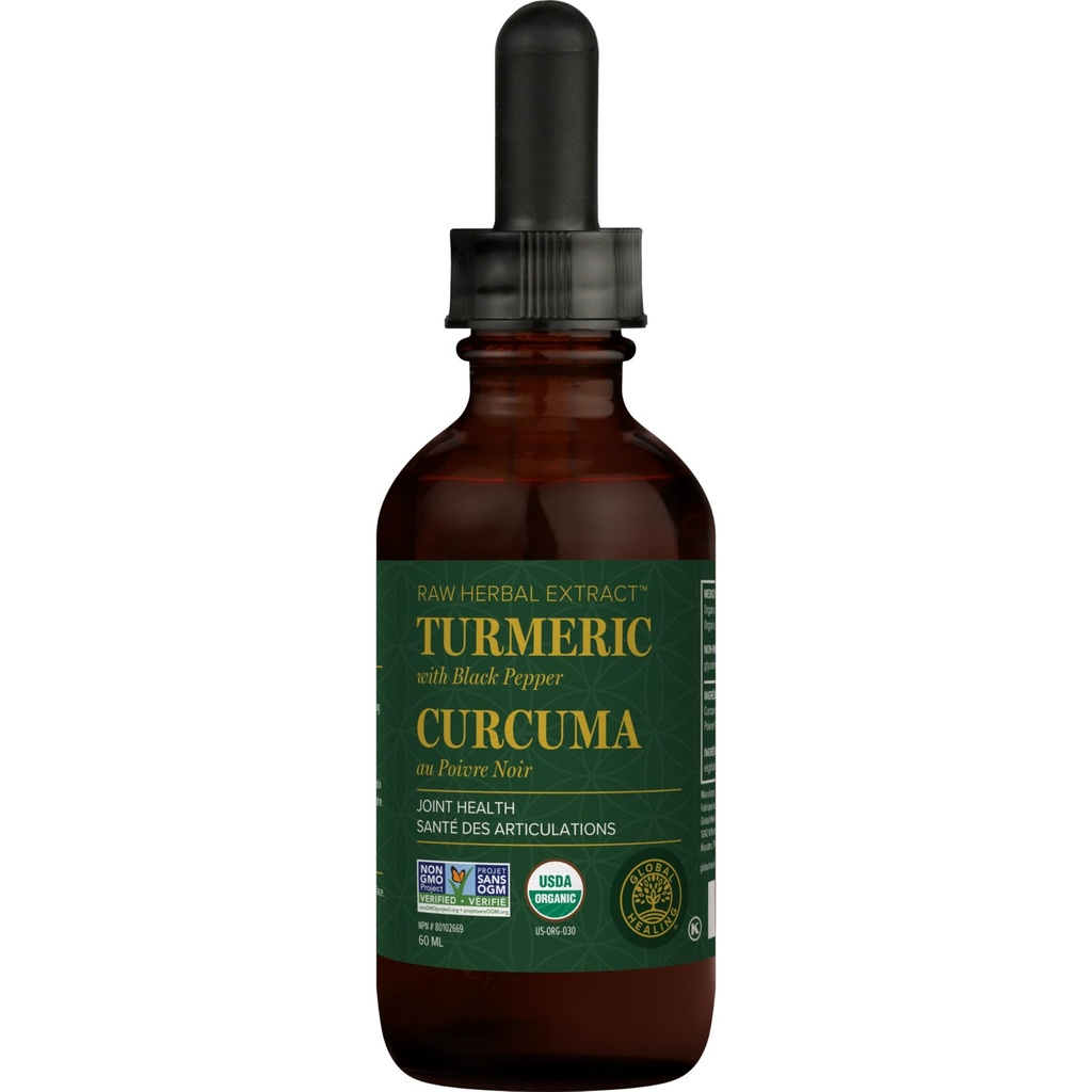 Global Healing Organic Turmeric Curcumin Supplement mit schwarzem Pfeffer Extrakt Flüssigkeitstropfen zur Unterstützung Joint Mobility Relief und Verdauungsgesundheit Multi Turmeric Supplement- 2 Fl Oz