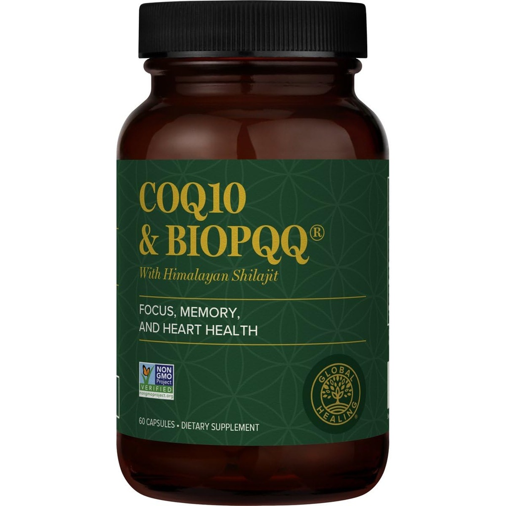 Global Healing Center CoQ10 & BioPQQ mit Pure Himalayan Organic Shilajit-Antioxidant Care for Heart & Brain Health,Mitochondrien Energie Optimizer für Männer & Frauen-Coenzym Ubichinon 150mg, 60 Kapseln
