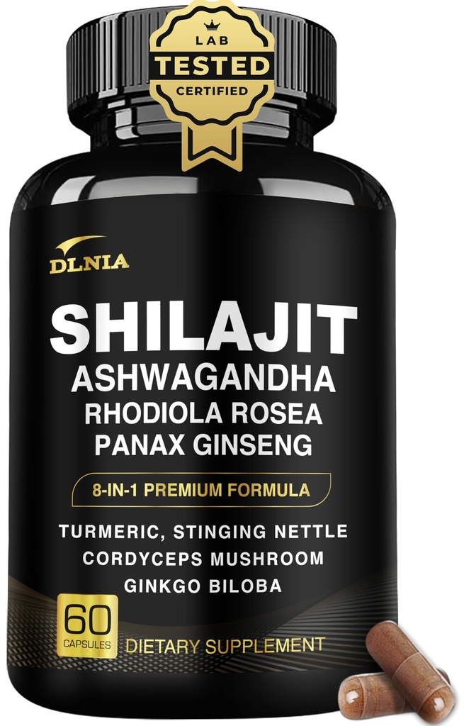 8-en-1 Shilajit pour hommes et femmes avec supplément biologique Ashwaganda Himalayan avec Rhodiola Rosea, Ginseng, Turmeric, Champignon, pour le soutien immunitaire, l'énergie, calme, Focus, Clarté, Sommeil, Cortisol