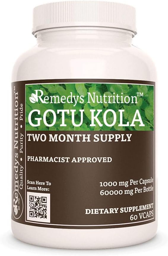 Remedys Ernährung Gotu Kola (Brahmi) | 1.000 mg, 60 Vegan Kapseln pflanzliche Nahrungsergänzung | Zwei Monate Versorgung
