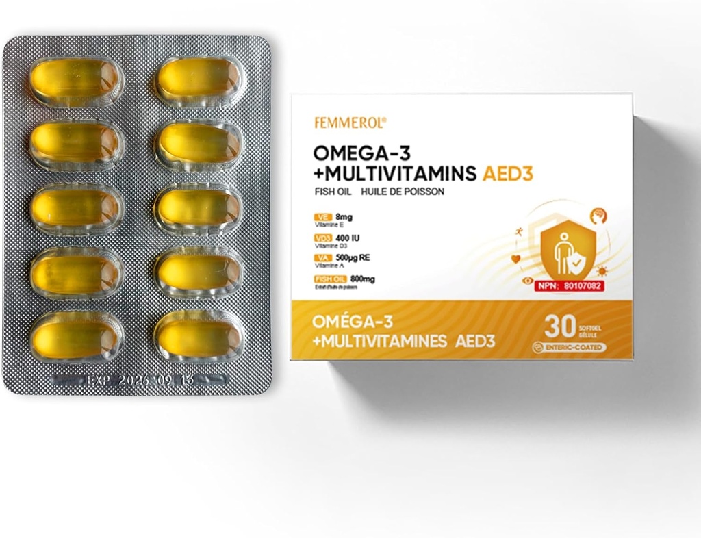 Multivitamine mit Omega-3, Multivitamin für Frauen und Männer, Enteric Coated Fish Oil DHA/EPA mit Vitamin A, Vitamin E und Vitamin D3 für Immunfunktion Unterstützung (1 Box 30 Softgels)