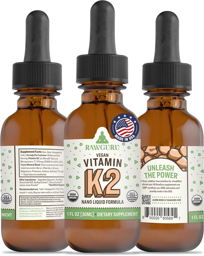 RawGuru Vitamin K2 Supplement - Bio-Vegan-Vitamin K2 MK7 mit Trace-Mineralien - Nano-Processed Antioxidant & Immun-Supplement-Tinktur - 30 Portionen von Vegan Tropfen pro 30 ml, Packung von 1