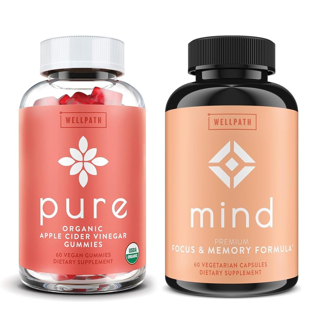 Vinaigre de cidre de pomme pur WellPath avec supplément de cerveau mère et d'esprit avec la Mane de Lion - prend en charge Focus & Memory, 60 Ct chaque